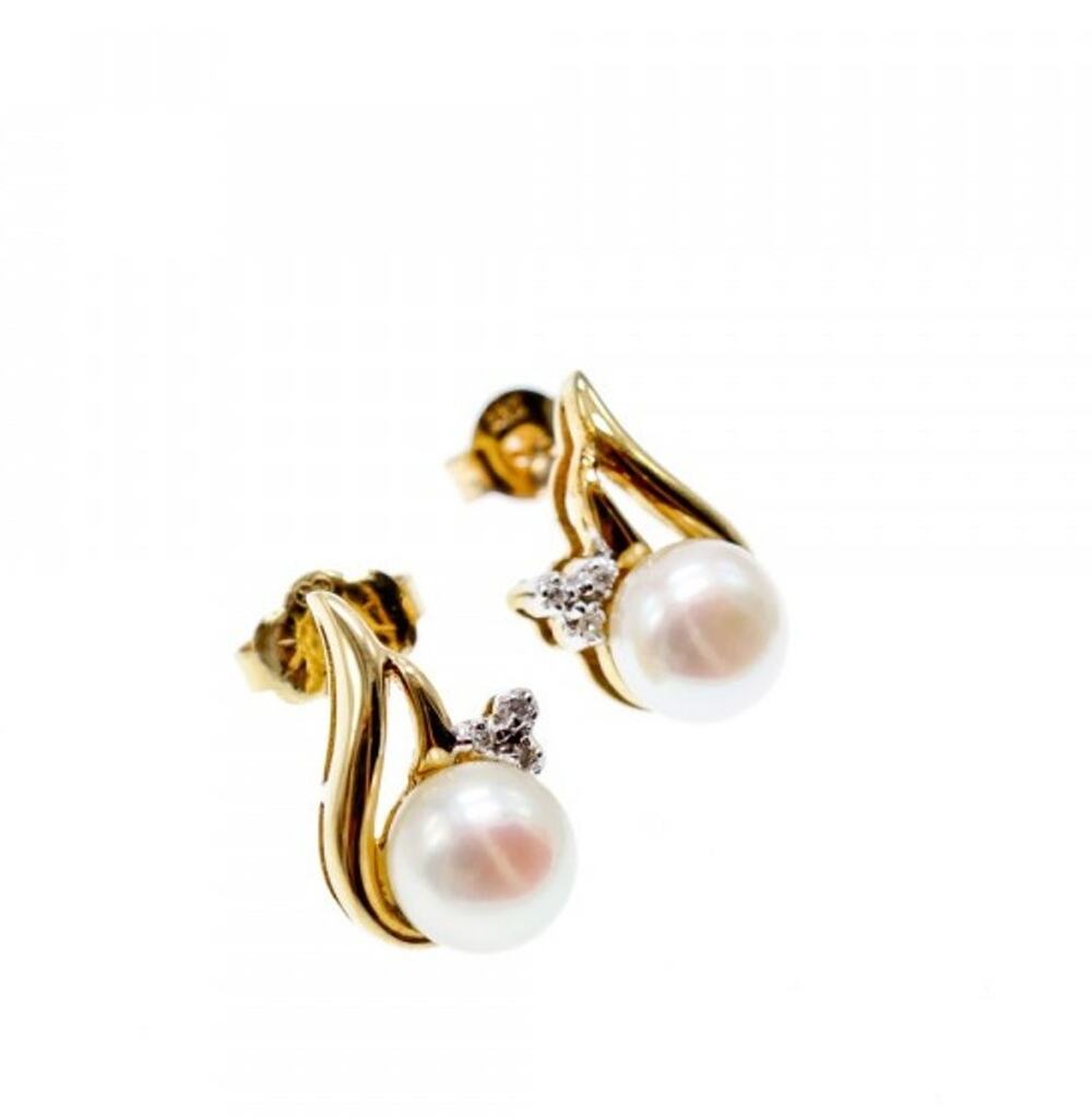 14K Yellow Gold Pearl & Diamonds Earrings